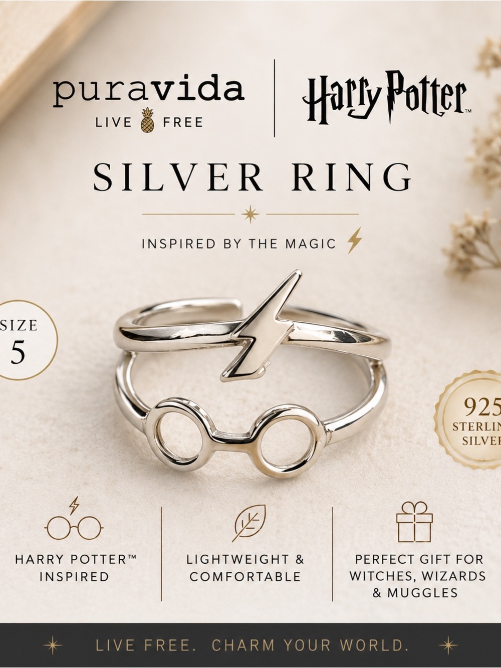 Pura Vida x Harry Potter Sterling Silver Ring Size 5 New Wizarding World